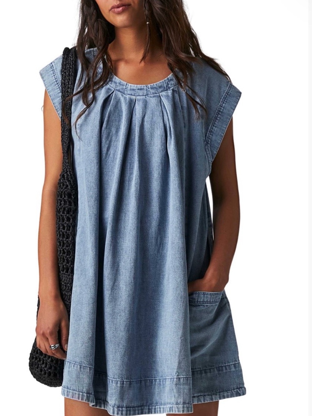 Free People Washed Blue Denim Pleated Yoke Mini Dress